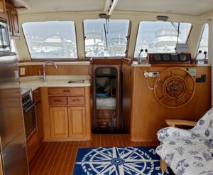 Teak and mahogany restored and rebuilt boat interior.