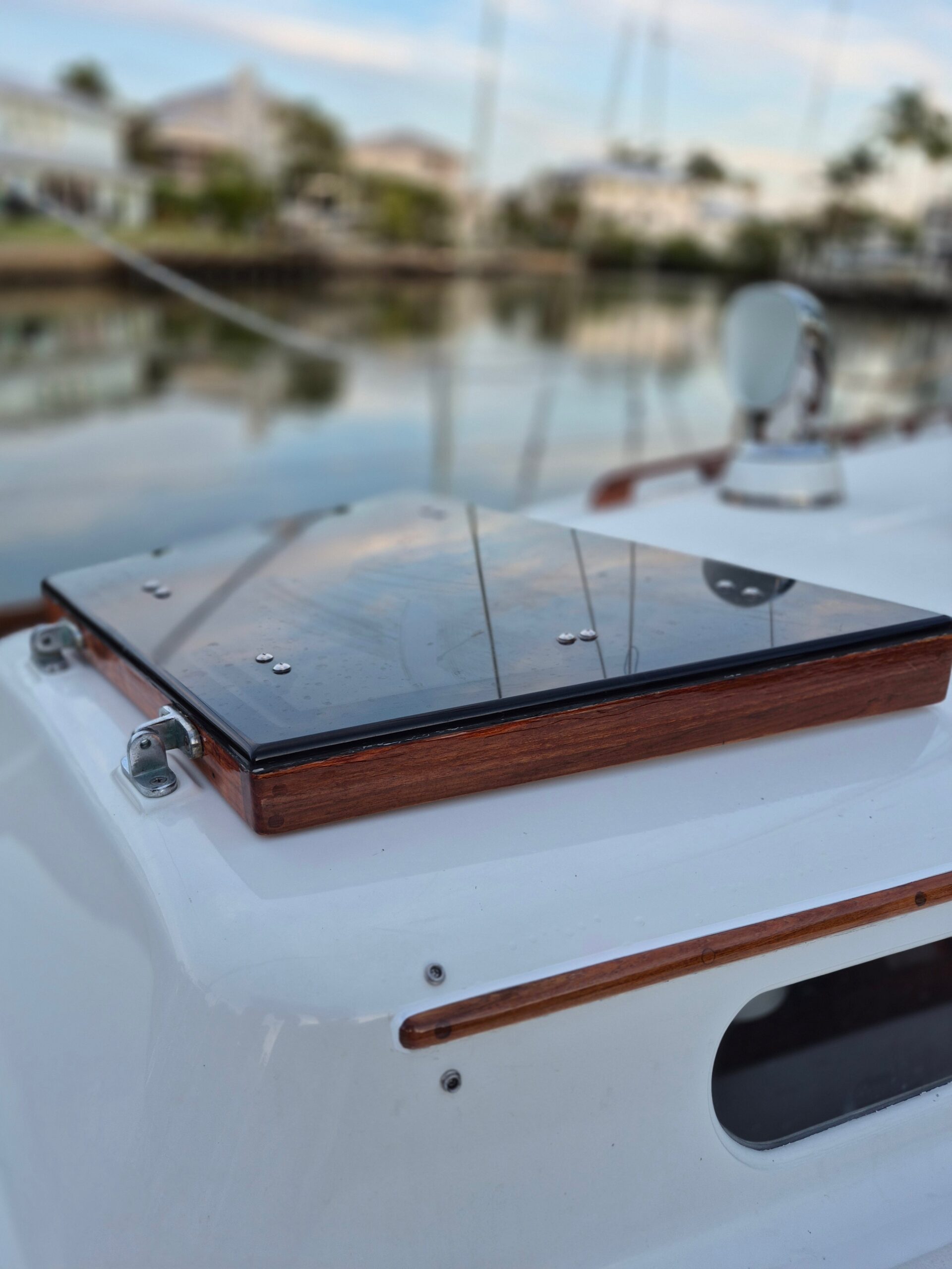 N-Hinckley Boat Repair Restoration With Teak Brightwork On Forward Hatch And Rails, Fort Myers.