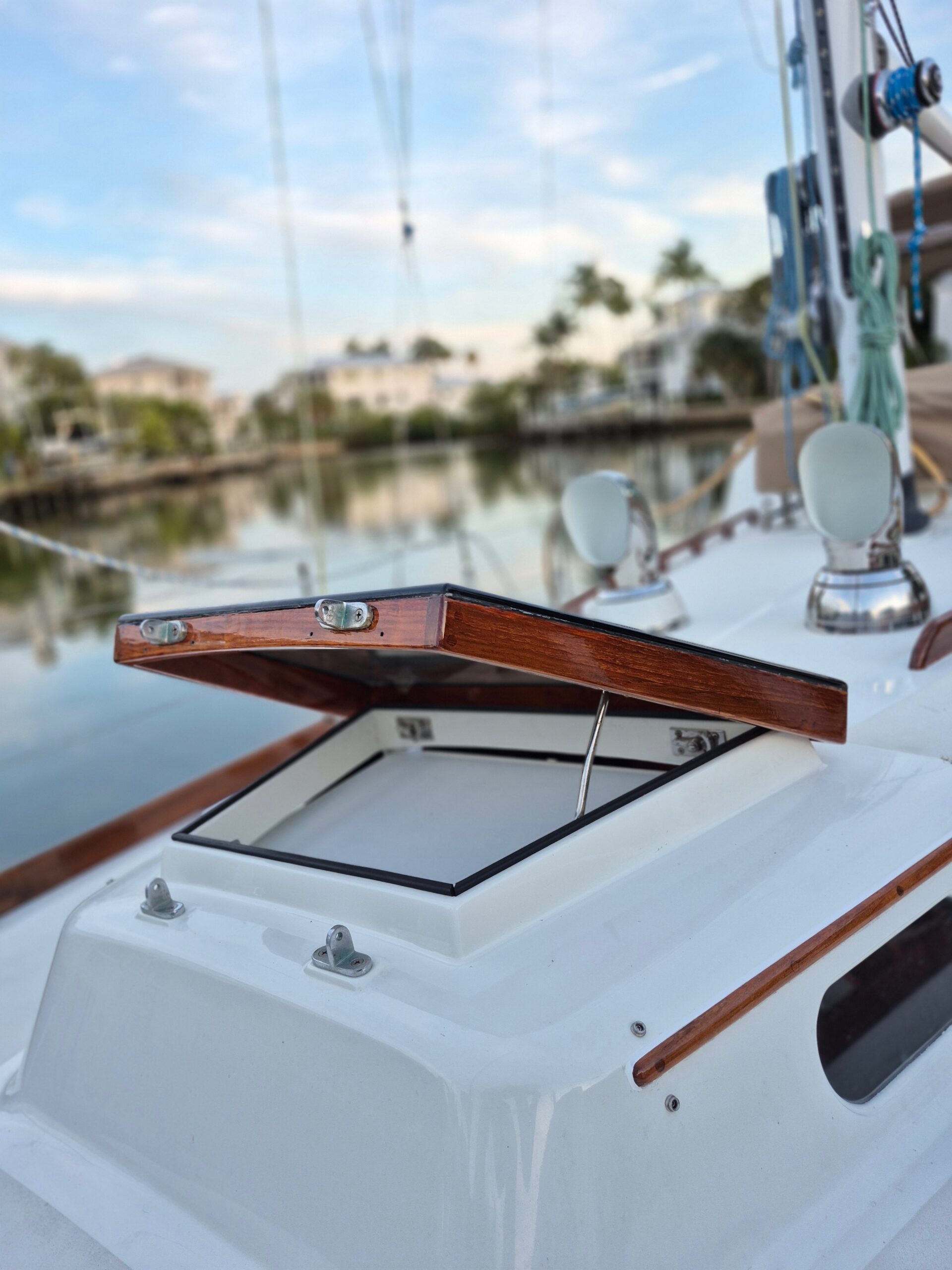 O-Hinckley Boat Repair Restoration With Teak Brightwork On Forward Hatch And Rails, Fort Myers.