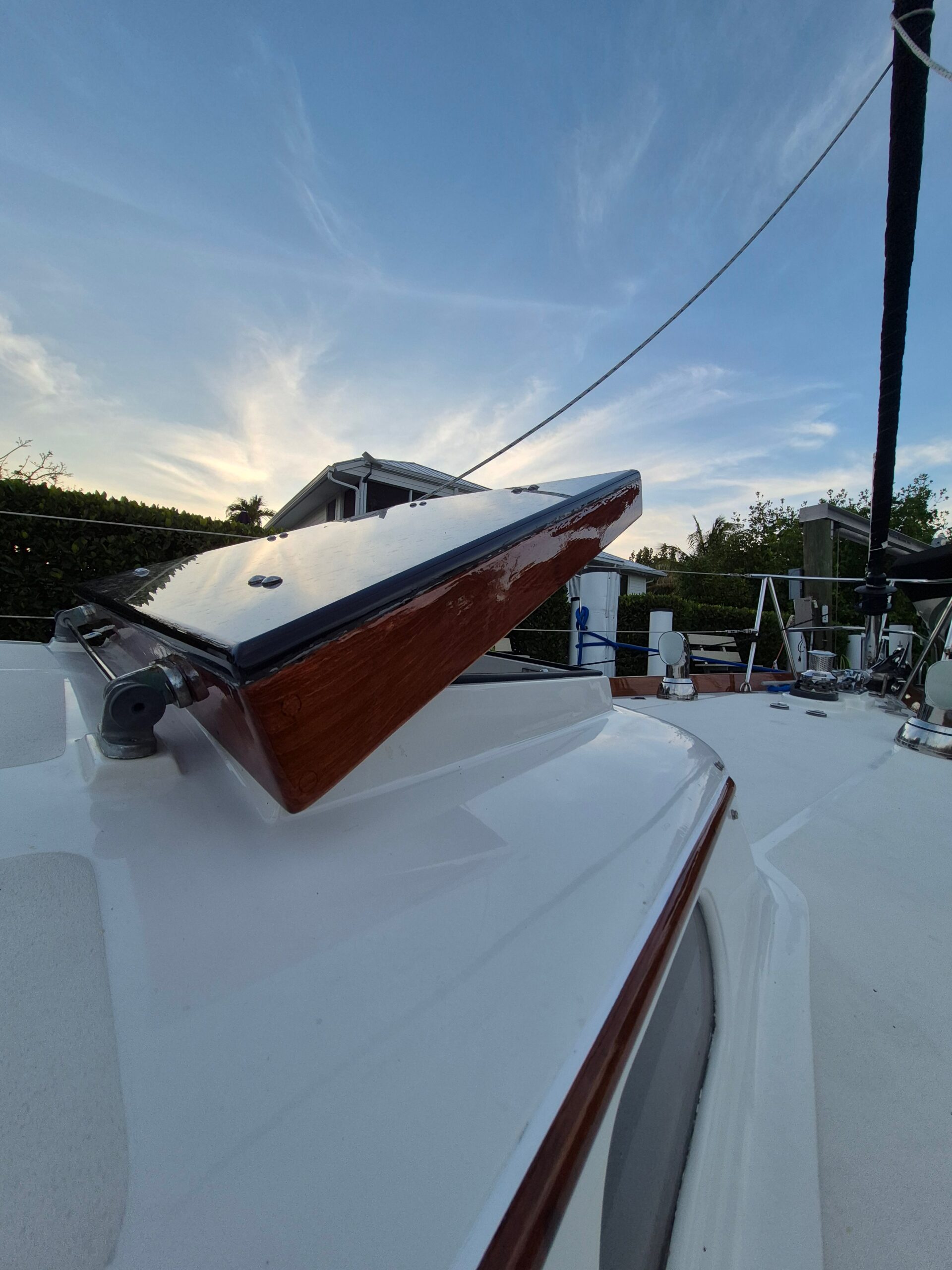 P-Hinckley Boat Repair Restoration With Teak Brightwork On Forward Hatch And Rails, Fort Myers.
