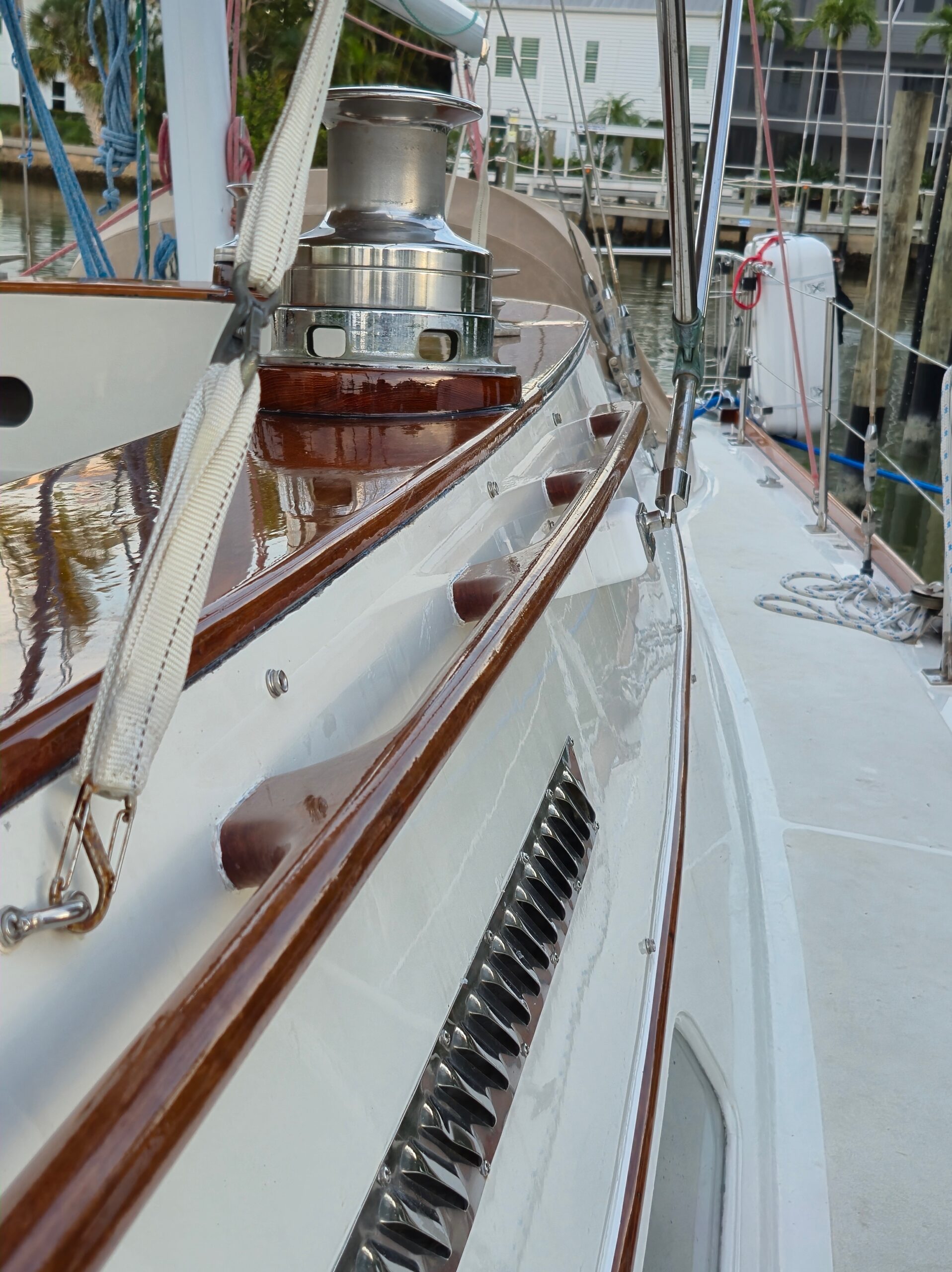 X-Hinckley Boat Repair And Carpentry Restoration With Teak Brightwork To Combing Board Hand Rail And Toe Rail.