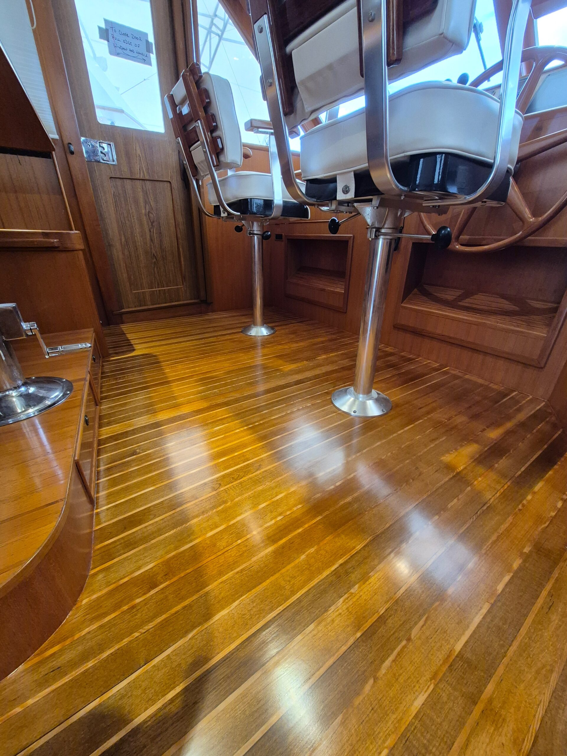 Pilot House Teak Flooring After Yacht Carpentry Repair Refinishing, Port Charlotte.
