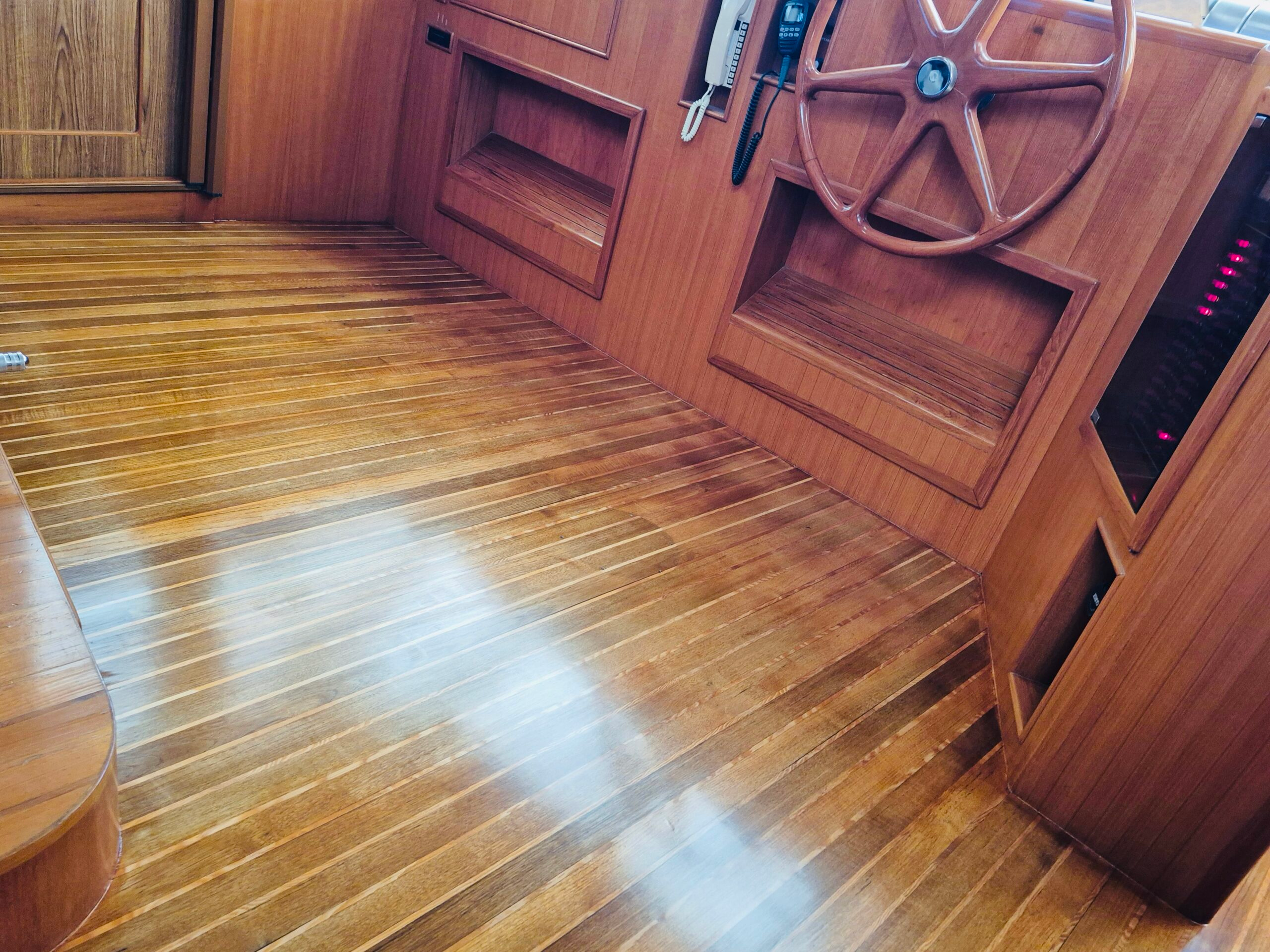 Pilot House Teak Flooring After Yacht Carpentry Repair Refinishing, Port Charlotte.