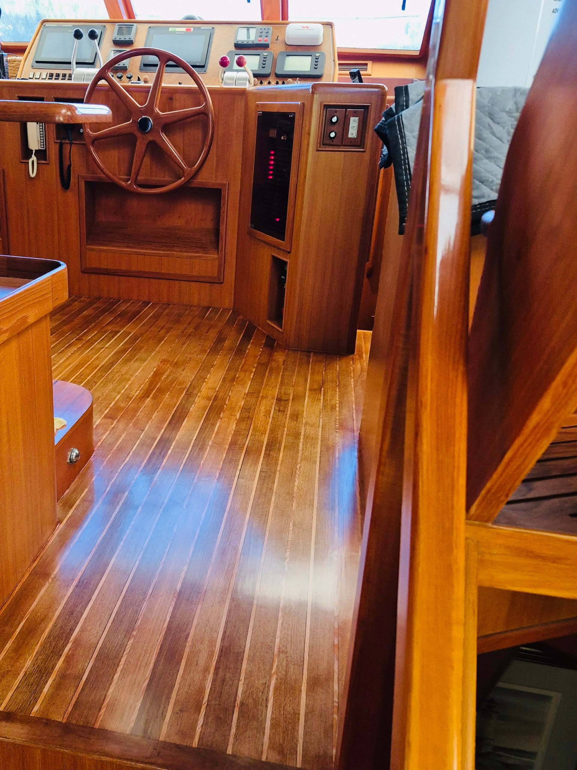 Pilot House Teak Flooring After Yacht Carpentry Repair Refinishing, Port Charlotte.
