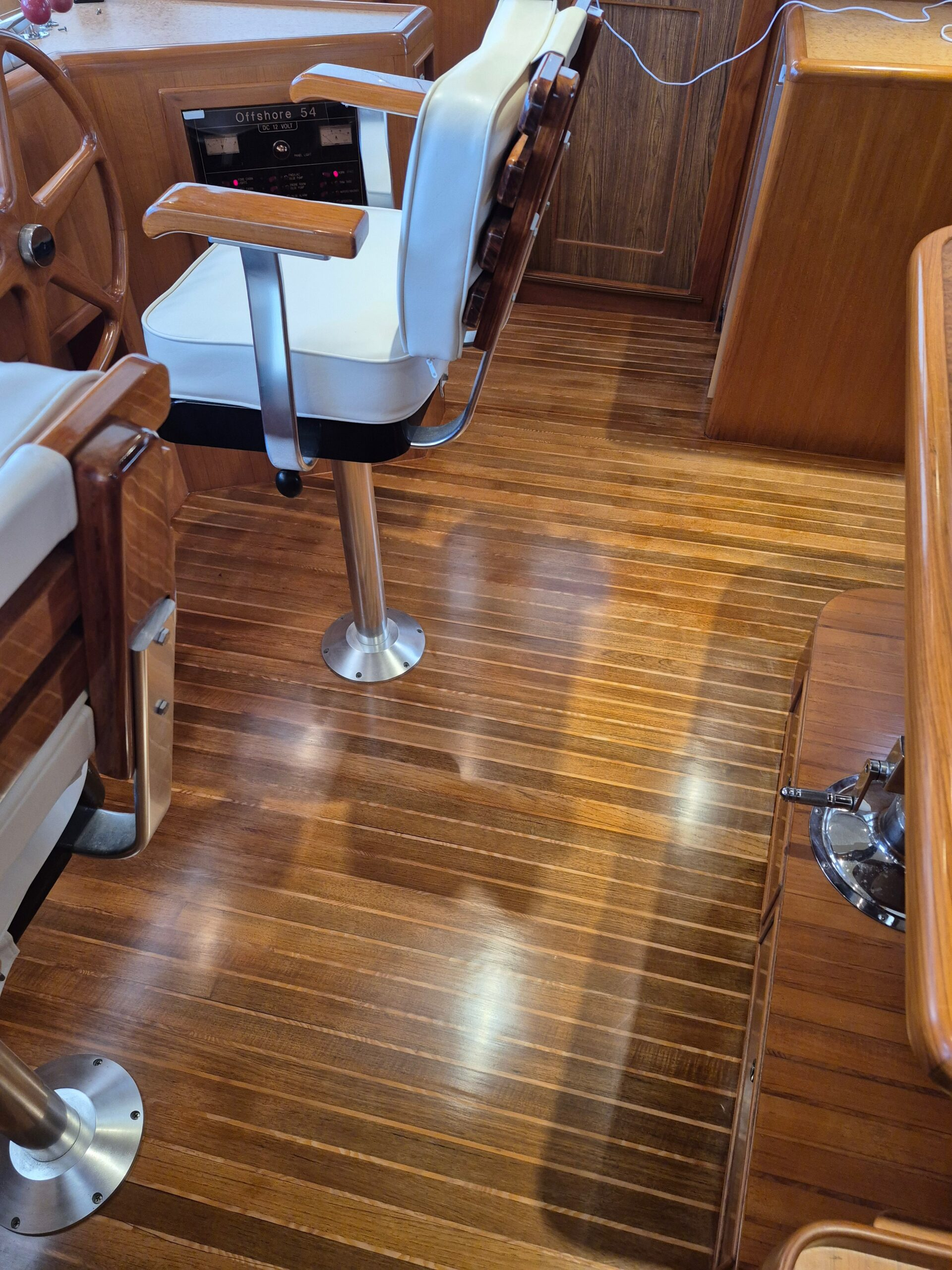 Pilot House Teak Flooring After Boat Repair Refinishing And Brightwork, Port Charlotte.