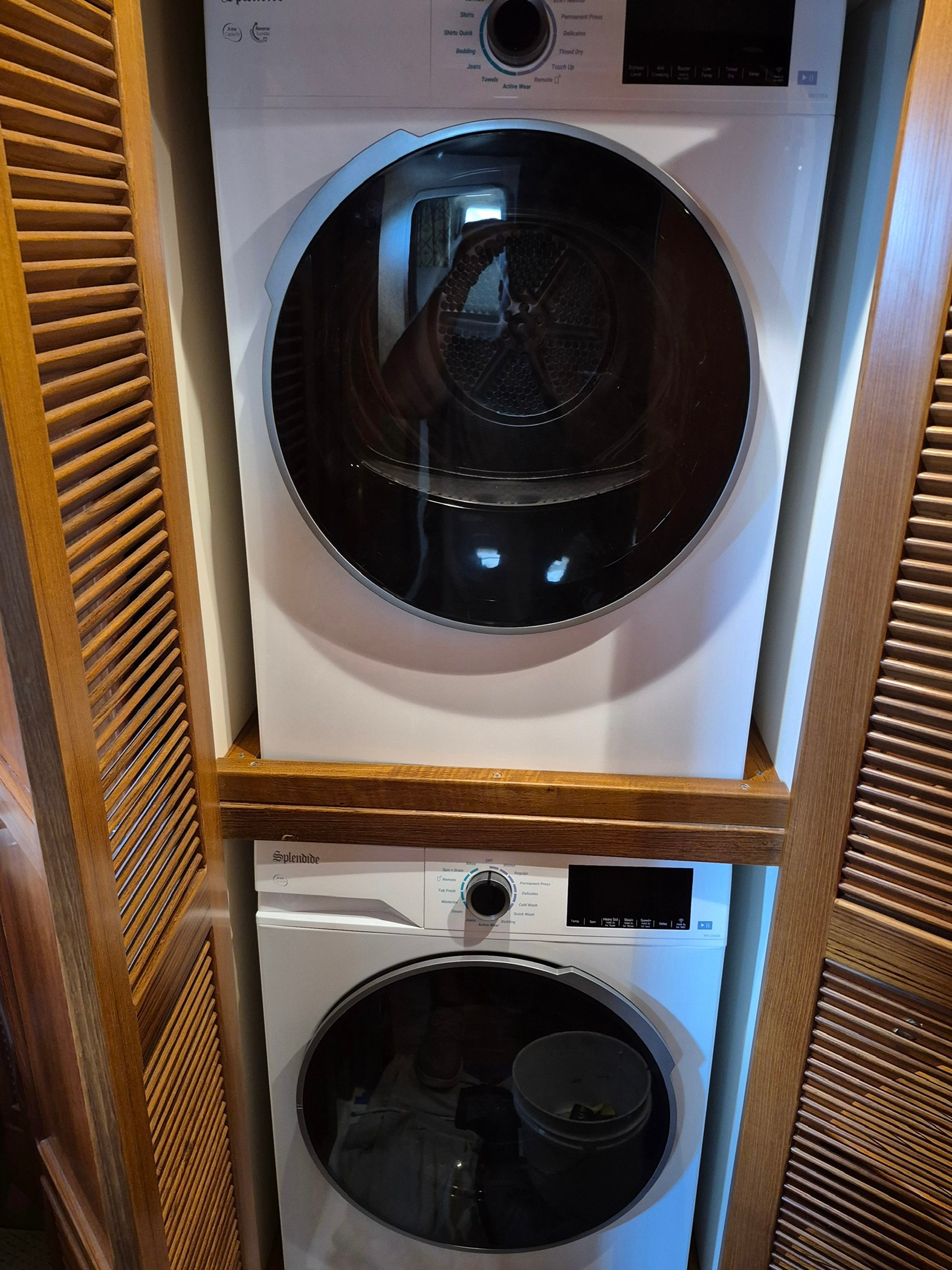 Teak Trim Washer Dryer After Yacht Carpentry Modernization Brightwork, Port Charlotte.