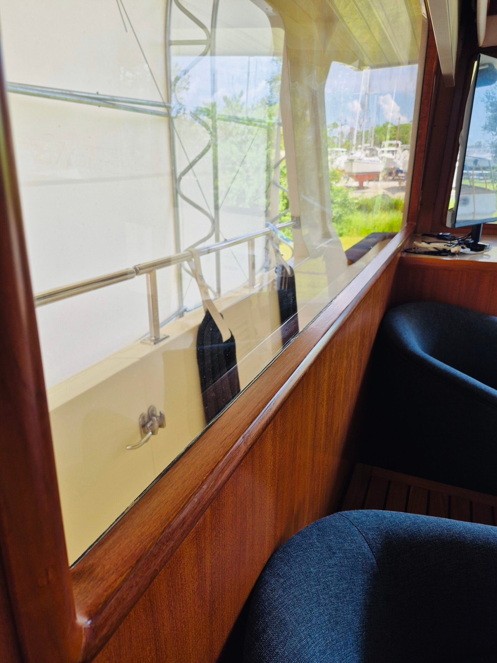 Teak Trim Window Seal After Yacht Caperpentry Boat Repair Refinishing Brightwork, Port Charlotte.